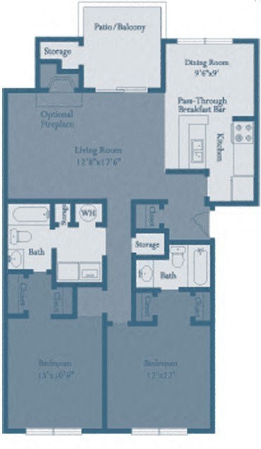 Floor plan for 2 beds, 2 baths, 1185 sqft
